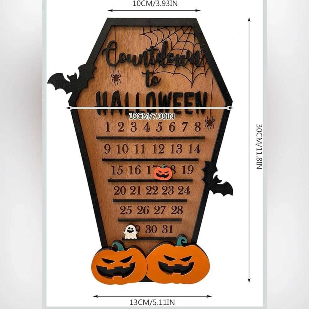NWT Countdown to Halloween Calendar Wooden Advent Coffin Shaped Wall‎ Decor